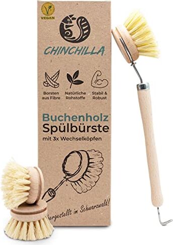 Chinchilla ® Spazzola per lavello in legno di faggio   spazzola da cucina sostenibile con setole in fibra naturale   incl. 3 testine intercambiabili   senza plastica e resistente