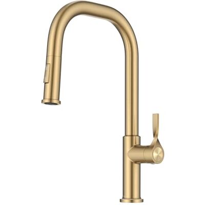 Kraus Torak Rubinetto da cucina estraibile in ottone spazzolato senza macchie con spruzzatore a 2 funzioni, linee d'acqua premontate e accessori di montaggio Kraus Torak Rubinetto da cucina estraibile in ottone spazzolato senza macchie con spruzzatore a 2 funzioni, linee d'acqua premontate e accessori di montaggio