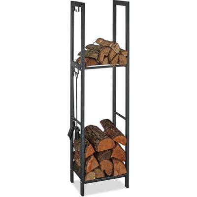Relaxdays Scaffale Porta-Legna con 2 Ripiani, 150 x 40 x 30 cm, 4 Ganci per gli Accessori da Camino, Acciaio, Antracite Relaxdays Scaffale Porta-Legna con 2 Ripiani, 150 x 40 x 30 cm, 4 Ganci per gli Accessori da Camino, Acciaio, Antracite
