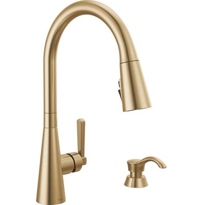 DELTA Faucet Boyd Rubinetto da cucina con dispenser di sapone, rubinetti da cucina con spruzzatore estraibile oro, rubinetto per lavello da cucina con doccetta magnetica, bronzo champagne DELTA Faucet Boyd Rubinetto da cucina con dispenser di sapone, rubinetti da cucina con spruzzatore estraibile oro, rubinetto per lavello da cucina con doccetta magnetica, bronzo champagne