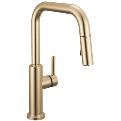 DELTA Nicoli Rubinetto da cucina con beccuccio a U in oro spazzolato con spruzzatore estraibile, rubinetto moderno per lavello da cucina a foro singolo, maniglia singola, bronzo champagne DELTA Nicoli Rubinetto da cucina con beccuccio a U in oro spazzolato con spruzzatore estraibile, rubinetto moderno per lavello da cucina a foro singolo, maniglia singola, bronzo champagne