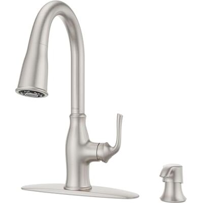 PFISTER Rosslyn Rubinetto da cucina con spruzzatore estraibile e dispenser di sapone, maniglia singola, arco alto, finitura in acciaio inox Spot Defense, PFISTER Rosslyn Rubinetto da cucina con spruzzatore estraibile e dispenser di sapone, maniglia singola, arco alto, finitura in acciaio inox Spot Defense,