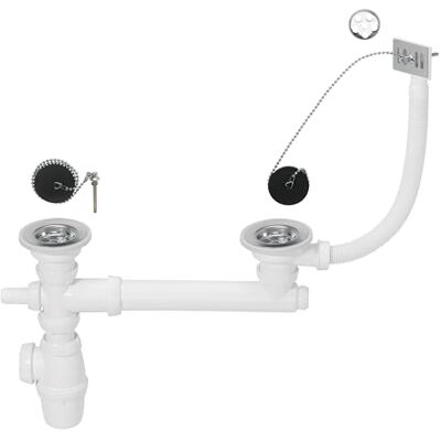 Wirquin Set completo di scarico per lavello, 2 vasche Ø50 con troppopieno rettangolare e presa lavatrice, cromato Wirquin Set completo di scarico per lavello, 2 vasche Ø50 con troppopieno rettangolare e presa lavatrice, cromato