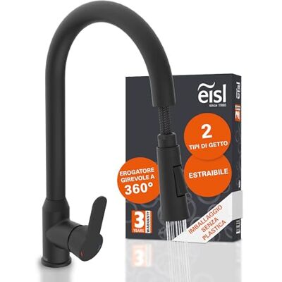 EISL Rubinetto da cucina Adria, miscelatore per lavello nero ruotabile a 360°, miscelatore da cucina nero con bocca alta, rubinetto da cucina con due modalità di erogazione, EISL Rubinetto da cucina Adria, miscelatore per lavello nero ruotabile a 360°, miscelatore da cucina nero con bocca alta, rubinetto da cucina con due modalità di erogazione,