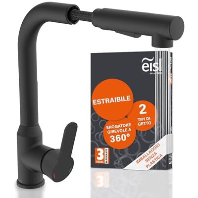 EISL Venezia Rubinetto da cucina nero girevole a 360°, con beccuccio alto, rubinetto da cucina con beccuccio estraibile, rubinetto nero EISL Venezia Rubinetto da cucina nero girevole a 360°, con beccuccio alto, rubinetto da cucina con beccuccio estraibile, rubinetto nero
