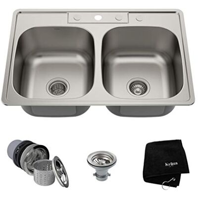 Kraus 83,8 cm Topmount 50/50 double Bowl 18 gauge stainless steel Kitchen Sink, Kraus 83,8 cm Topmount 50/50 double Bowl 18 gauge stainless steel Kitchen Sink,