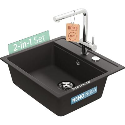 Schock Set di lavello nero Nemo N-100 Nero e rubinetto da cucina Epos Presa fissa in acciaio inox – Facile da pulire e robusta superficie in composito di quarzo Schock Set di lavello nero Nemo N-100 Nero e rubinetto da cucina Epos Presa fissa in acciaio inox – Facile da pulire e robusta superficie in composito di quarzo