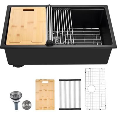 VEVOR Lavello da Cucina in Granito 762 x 457 x 230 mm per Montaggio ad Appoggio, Lavello da Cucina da Incasso in Stile Rurale con Accessori, per Camper, Cucine di Preparazione, Bar, Nero VEVOR Lavello da Cucina in Granito 762 x 457 x 230 mm per Montaggio ad Appoggio, Lavello da Cucina da Incasso in Stile Rurale con Accessori, per Camper, Cucine di Preparazione, Bar, Nero