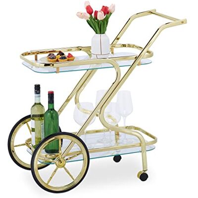 Relaxdays Carrello da Cucina, 2 Ripiani, Carrellino di Servizio, HLP: 80x43x85 cm, Rotelle, Vetro e Ferro, Color Ottone Relaxdays Carrello da Cucina, 2 Ripiani, Carrellino di Servizio, HLP: 80x43x85 cm, Rotelle, Vetro e Ferro, Color Ottone