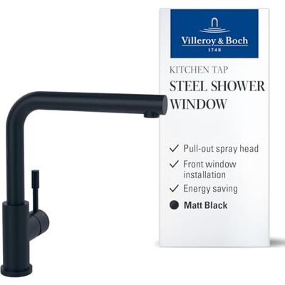Villeroy & Boch Steel Shower Window Rubinetto da cucina ad alta pressione con doccetta estraibile, funzione di avvio a freddo, installazione antitermo, altezza beccuccio 272 mm, nero opaco Villeroy & Boch Steel Shower Window Rubinetto da cucina ad alta pressione con doccetta estraibile, funzione di avvio a freddo, installazione antitermo, altezza beccuccio 272 mm, nero opaco