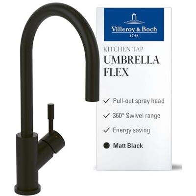 Villeroy & Boch Umbrella Flex Rubinetto da cucina ad alta pressione rubinetto da cucina con doccetta estraibile e girevole a 360°, rubinetto per lavello a risparmio idrico, altezza becco 220mm, nero Villeroy & Boch Umbrella Flex Rubinetto da cucina ad alta pressione rubinetto da cucina con doccetta estraibile e girevole a 360°, rubinetto per lavello a risparmio idrico, altezza becco 220mm, nero