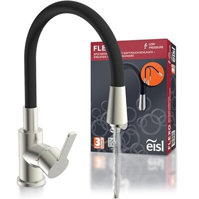 EISL Flexo Rubinetto flessibile per lavello a bassa pressione, in acciaio inox/nero, con tubo soft touch, girevole a 360 gradi, rubinetto da cucina flessibile EISL Flexo Rubinetto flessibile per lavello a bassa pressione, in acciaio inox/nero, con tubo soft touch, girevole a 360 gradi, rubinetto da cucina flessibile