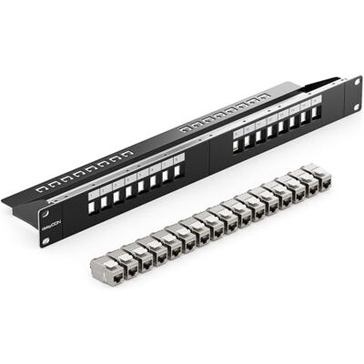 deleyCON 16 Porto Pannello Delle Patch Set Modulare 1 IU 19" Pollici Montaggio Rack + 16x RJ45 Keystone Moduli CAT6a Compatibile con CAT5 CAT6 CAT7 LAN Cavi di Rete Cavi di Posa Nero deleyCON 16 Porto Pannello Delle Patch Set Modulare 1 IU 19" Pollici Montaggio Rack + 16x RJ45 Keystone Moduli CAT6a Compatibile con CAT5 CAT6 CAT7 LAN Cavi di Rete Cavi di Posa Nero
