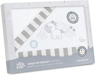 Interbaby Set di 3 Lenzuola per Mini Culla Neonato in FLANELLA Unicornio Nubes bianco grigio · 100% Cotone · Lenzuolo Invernale per Mini lettino