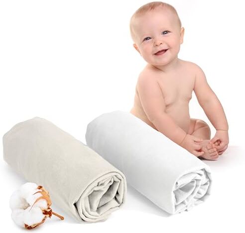 Dreamzie Set 2 Lenzuolo con Angoli Cotone Bambini 60x120 Oeko Tex certificato Bianco E Beige Lenzuolo con Angoli 60x120