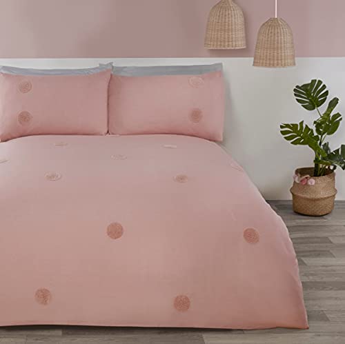 Sleepdown Set di biancheria da letto con copripiumino trapuntato ricamato a pois e cerchi rosa cipria, lussuoso, morbido e facile da pulire, con federe, king size (230 x 220 cm), in policotone