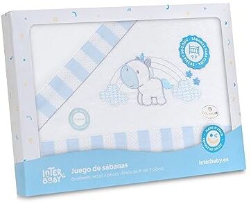 Interbaby Set di 3 Lenzuola per Mini Culla Neonato in FLANELLA Unicornio Nubes bianco blu · 100% Cotone · Lenzuolo Invernale per Mini lettino