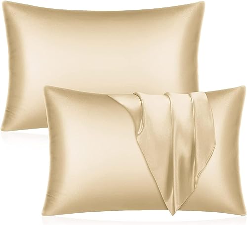 SANOOR Coppia di federe in Raso di gelso per Capelli e Pelle, morbide, Traspiranti, Lisce su Entrambi i Lati, Dimensioni Standard 50 x 75 cm, Oro Champagne