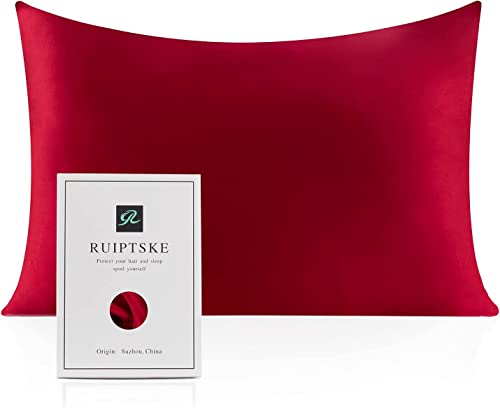 RUIPTSKE Natural Silk Federa, ipoallergenico, 22momme, 100% Seta, 600 Filati, con a Scomparsa Cerniera (Red, 50x66cm)