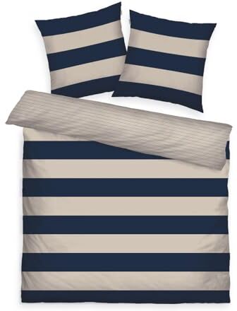 Herding TOM TAILOR Bettwäsche Bold Stripes Dark Navy & Sunny Sand, 2 * 80x80 cm + 200x220 cm, 100% Baumwolle/Renforce, mit Wendemotiv und farbigem Markenreißverschluss