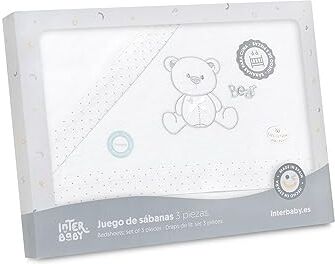 Interbaby Set di 3 Lenzuola per Mini Culla Neonato in FLANELLA Oso Lazo bianco grigio · 100% Cotone · Lenzuolo Invernale per Mini lettino