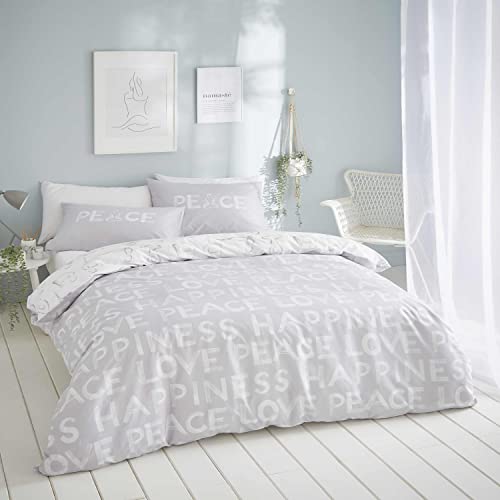 Catherine Lansfield Peace and Yoga Set copripiumino per letto matrimoniale, facile da pulire, colore: grigio