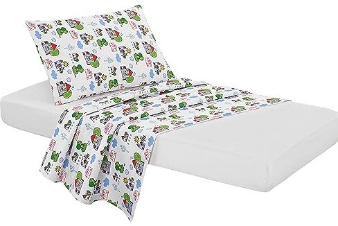 Fabe Completo Lenzuolino Baby, Cotone, Made in Italy, Set Lenzuola con Sottolenzuolo cm 60x125, Lenzuolo cm 122x152, Copricuscino 60x46cm, Colore Bianco con Casette Colorate