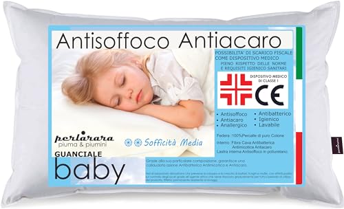 PERLARARA Cuscino Bambini 40 x 60 cm, Cuscino Antiacaro e Anallergico Dispositivo Medico, Cuscino Culla Baby Il Guanciale Lettino in Cotone, Made in Italy