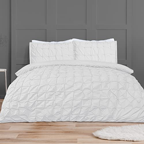 Sleepdown Set copripiumino – bianco – pieghe arricciate geometriche a pieghe arricciate – biancheria da letto con federe – super king (220 cm x 260 cm)