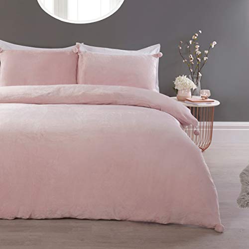 Sleepdown Set di Biancheria Copripiumino e federe, in Flanella, Caldo Morbido, Facile da Pulire, Colore Rosa, con Pompon, per Letto Super King Size (260 x 230 cm), Pile