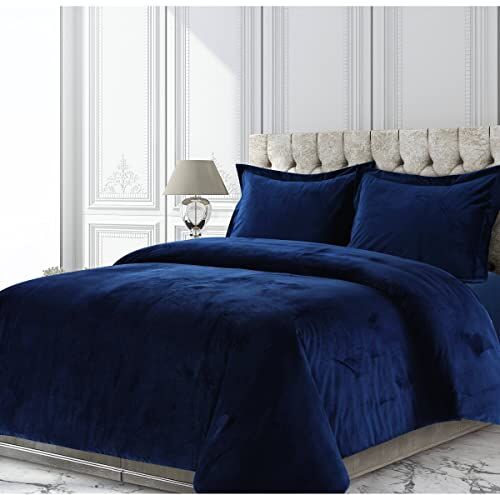 Tribeca Living VENICEDUVET Set copripiumino in velluto a tinta unita, taglia Queen, blu navy