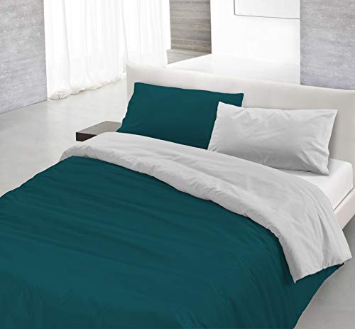 Italian Bed Linen Natural Color Parure Copri Piumino, 100% Cotone, Verde Petrolio/Grigio Chiaro, Matrimoniale, 3 unità