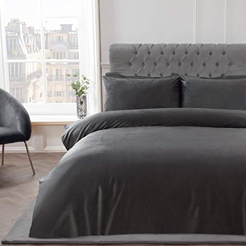 Sleepdown Set di biancheria da letto in velluto opaco, lussuoso, super morbido, facile da pulire, in tinta unita, con federe, colore: grigio antracite, super king size (220 x 260 cm)