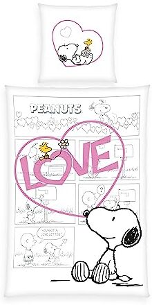 Herding Set di Biancheria da Letto, Snoopy, Federa 80 x 80 cm con Bottoni e Motivo Reversibile, Copripiumino 135 x 200 cm con Chiusura a Bottoni, 100% Cotone/Linone