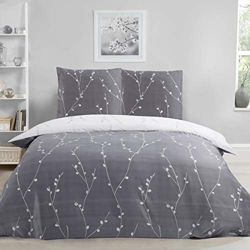 Sleepdown Willow Floral Grey Set copripiumino reversibile, 155 x 220 cm, con 2 federe da 80 x 80 cm, colore: grigio