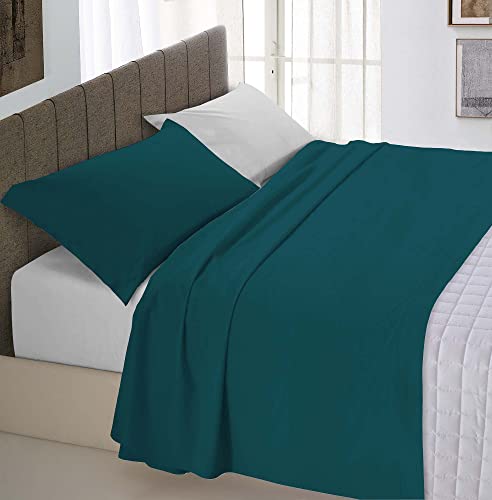 Italian Bed Linen Completo Letto Natural Color, 100% Cotone, Verde Petrolio/Grigio Chiaro, Singolo