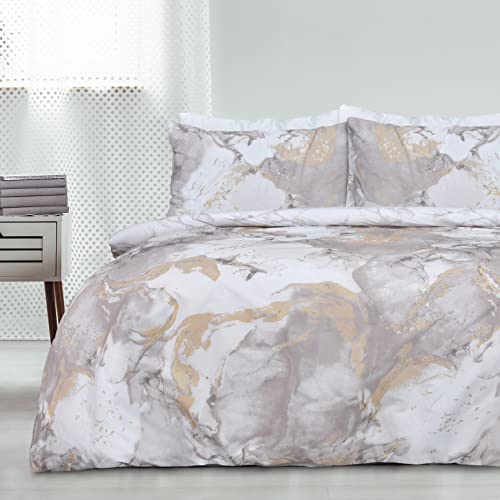 Sleepdown Set di biancheria da letto con copripiumino reversibile in marmo metallizzato, con brillantini, oro naturale, morbido, facile da pulire, per letto singolo (135 x 200 cm)