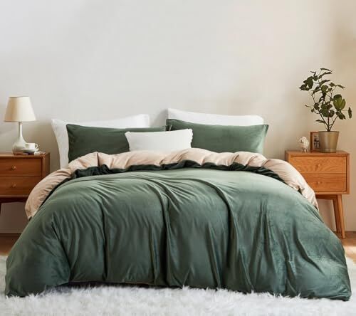 Lanqinglv Set di biancheria da letto in flanella, 200 x 220 cm, verde, beige, invernale, in flanella, con chiusura lampo e 2 federe da 80 x 80 cm