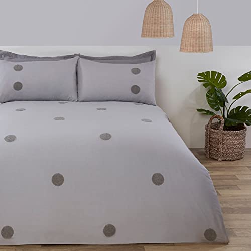 Sleepdown Set di biancheria da letto con copripiumino ricamato a pois e cerchi grigio, lussuoso, morbido e facile da pulire, trapuntato, con federe, per letto matrimoniale (200 x 200 cm),