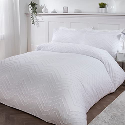 Sleepdown Set di biancheria da letto con copripiumino trapuntato a righe Nordic Geo bianco morbido e confortevole, facile da pulire, con federa, singolo (135 cm x 200 cm)