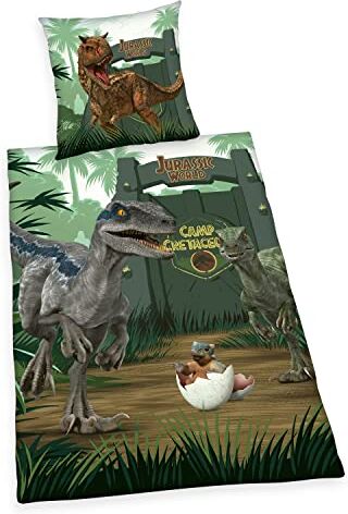 Herding Jurassic World Nuove Avventure, Biancheria da Letto, Federa ca. 80x80 cm, Copripiumino ca. 135x200 cm, Con cerniera scorrevole di qualità, 100% Cotone, Renforcé