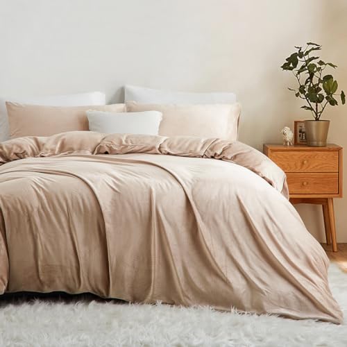 Lanqinglv Biancheria da letto in pile di flanella, 220 x 240 cm, beige, soffice biancheria da letto invernale, calda, in cotone cashmere, con chiusura lampo e 2 federe da 80 x 80 cm