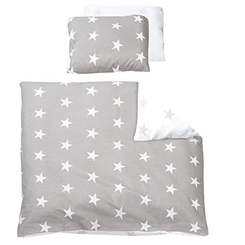 roba Biancheria da Lettino Set 2 Pezzi Little Stars Copripiumino 80 x 80 cm Federa 40 x 35 cm 100% Cotone – Doubleface – Motivo con Stelline – Grigio e Bianco