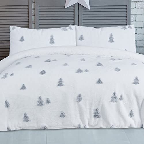 Sleepdown Set di biancheria da letto con copripiumino reversibile in pile jacquard bianco con federa, termica, calda, super morbida, facile da pulire, per letto singolo (135 cm x 200 cm)