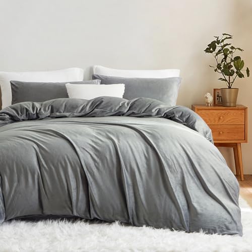 Lanqinglv Biancheria da letto in pile di flanella, 155 x 220 cm, colore grigio, soffice, invernale, calda biancheria da letto in cotone cashmere, tinta unita, con chiusura lampo e 1 federa 80 x 80 cm