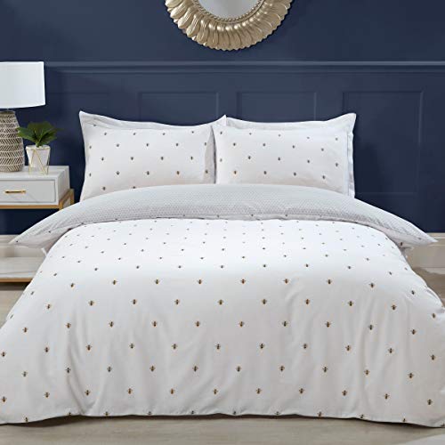 Sleepdown Bumble Bee Set di biancheria da letto reversibile con copripiumino e federa, per letto singolo (135 x 200 cm), in policotone, colore: grigio