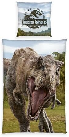 Herding Set di Biancheria da Letto, Jurassic World, Federa 80 x 80 cm con Bottoni e Motivo Reversibile, Copripiumino 135 x 200 cm con Chiusura a Bottoni, 100% Cotone