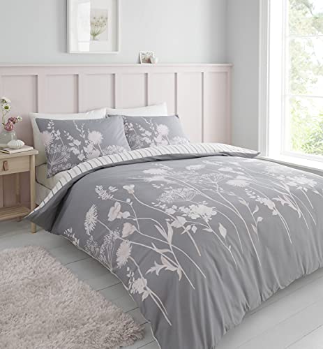 Catherine Lansfield Meadowsweet Set copripiumino matrimoniale reversibile con federe, motivo floreale, colore: grigio e rosa