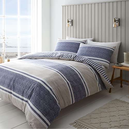 Catherine Lansfield Set copripiumino reversibile per letto king size con federe, motivo a righe, colore: blu