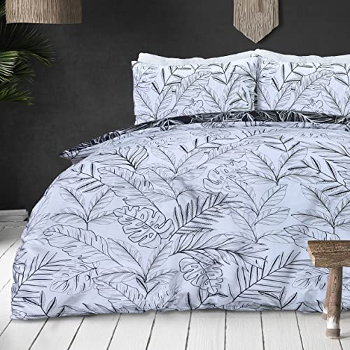 Sleepdown Set di biancheria da letto con copripiumino e federe, double-face, con palma tropicale, motivo floreale, colore: bianco e nero, morbido, facile da pulire, 1 pezzo 200 x 200 cm